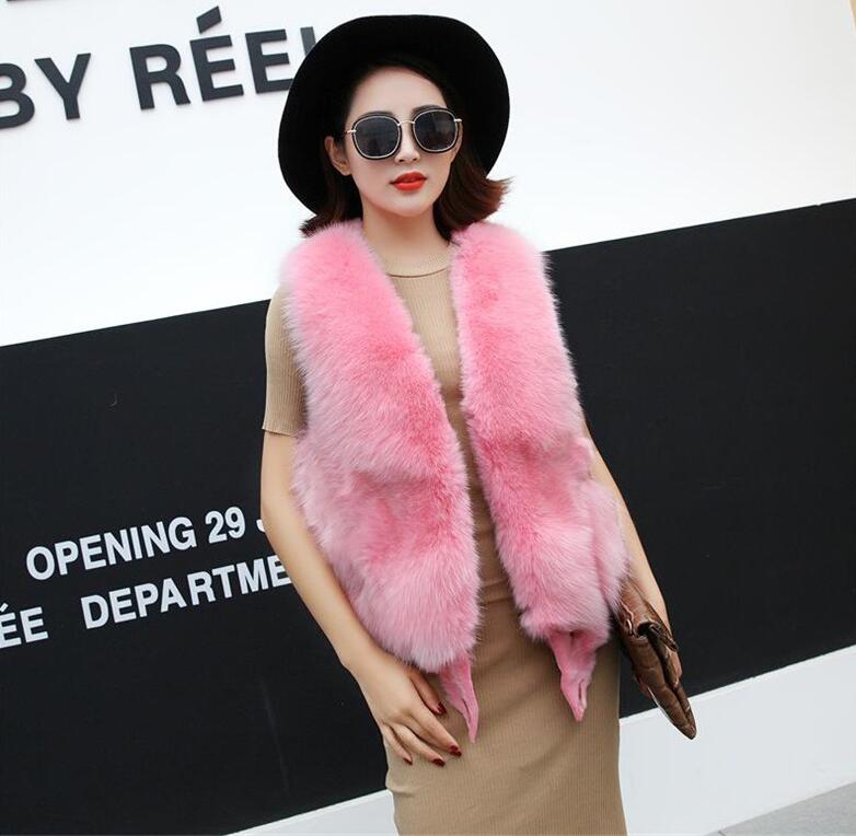 Luxury Winter Elegant Real Fox Fur Vest Fashion Women Overcoat - Pink