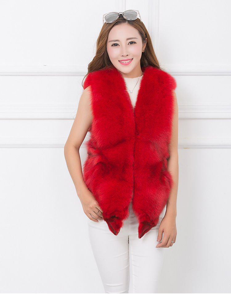 Luxury Winter Elegant Real Fox Fur Vest Fashion Women Overcoat - Red