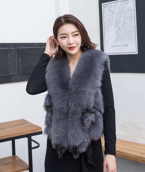 Luxury Winter Super Real Fox Fur Vests Fashion Women Overcoat - Grey