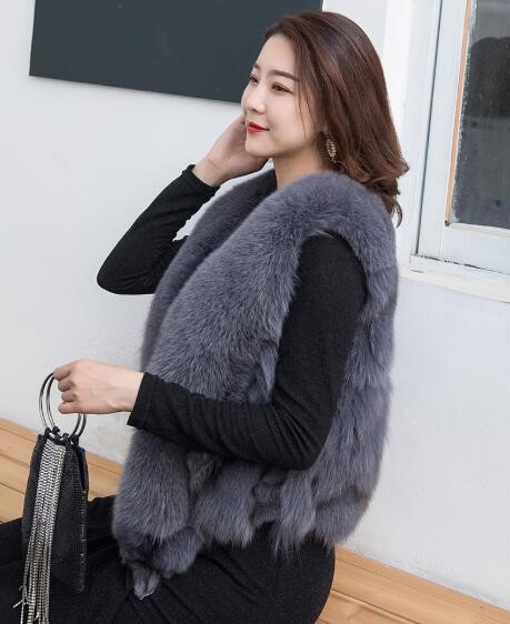 Luxury Winter Super Real Fox Fur Vests Fashion Women Overcoat - Grey