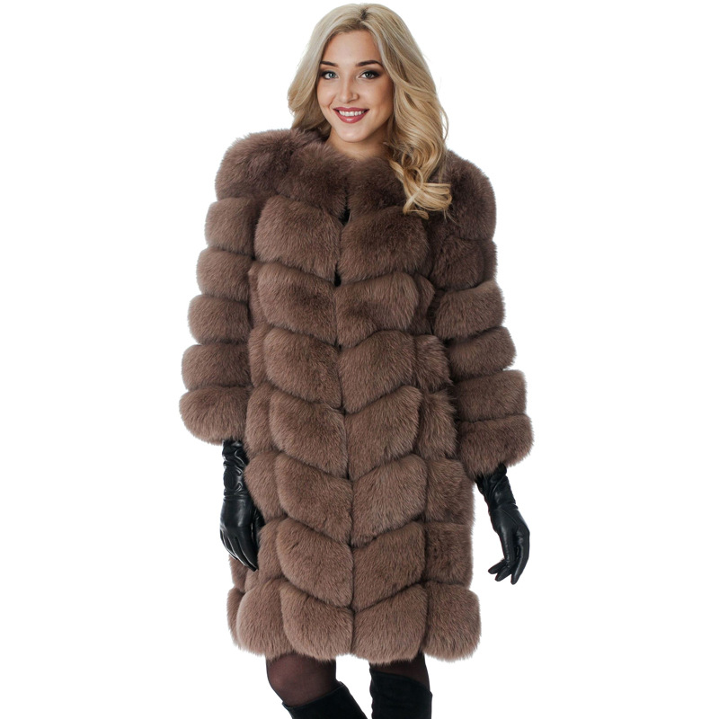 Nine Points Sleeve Warm Faux Fox Fur Overcoat Fashion Women Coat - Black