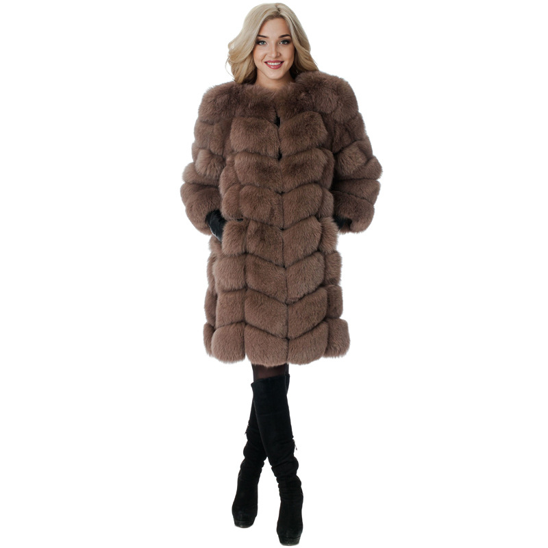 Nine Points Sleeve Warm Faux Fox Fur Overcoat Fashion Women Coat - Black
