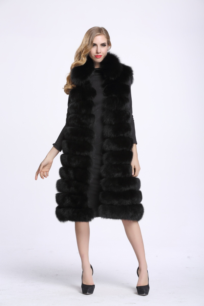 Overcoat Genuine Real Fox Fur Vest Fashion Women Medium-long With Belt Fur Waistcoat - Black