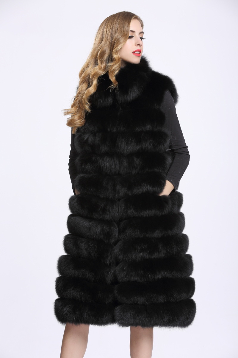 Overcoat Genuine Real Fox Fur Vest Fashion Women Medium-long With Belt Fur Waistcoat - Black