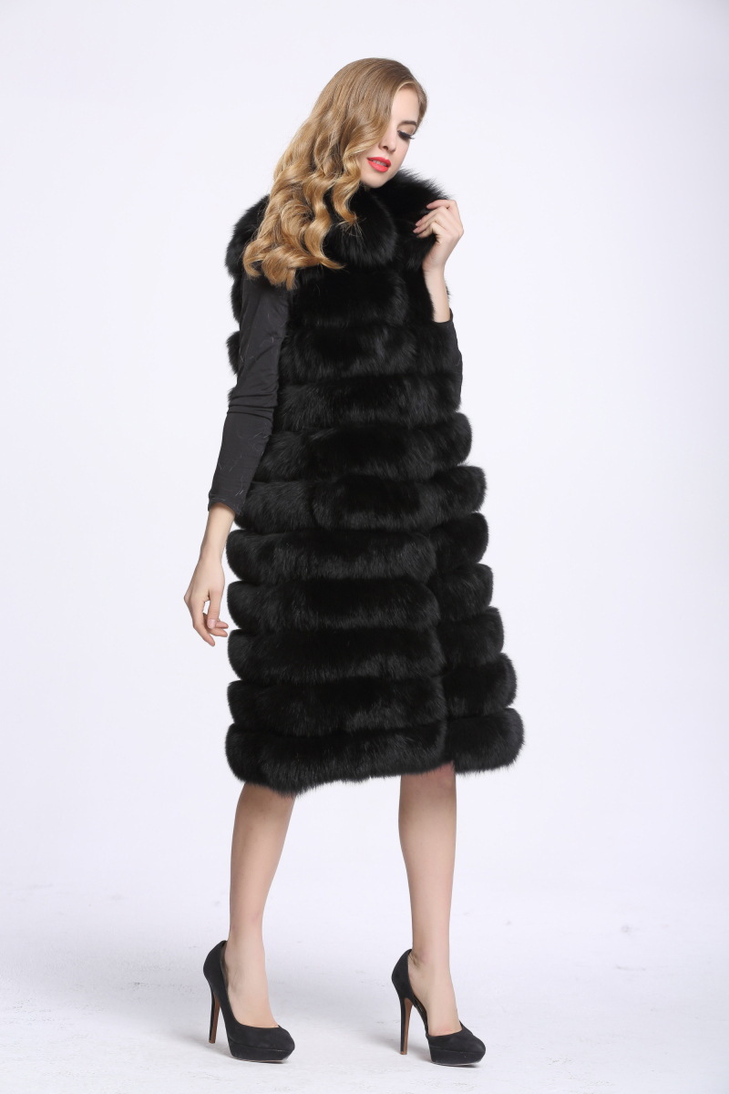 Overcoat Genuine Real Fox Fur Vest Fashion Women Medium-long With Belt Fur Waistcoat - Black