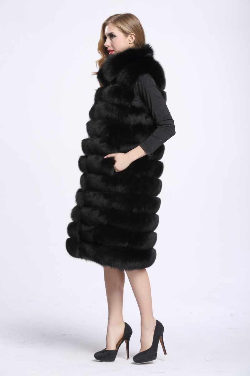 Overcoat Genuine Real Fox Fur Vest Fashion Women Medium-long With Belt Fur Waistcoat - Black