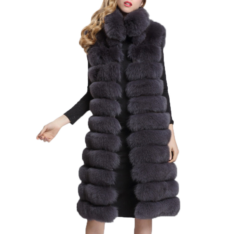 Overcoat Genuine Real Fox Fur Vest Fashion Women Medium-long With Belt Fur Waistcoat - Grey