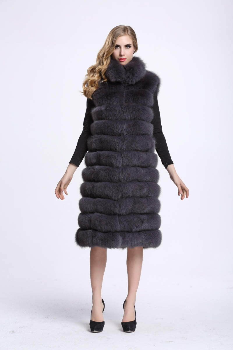 Overcoat Genuine Real Fox Fur Vest Fashion Women Medium-long With Belt Fur Waistcoat - Grey