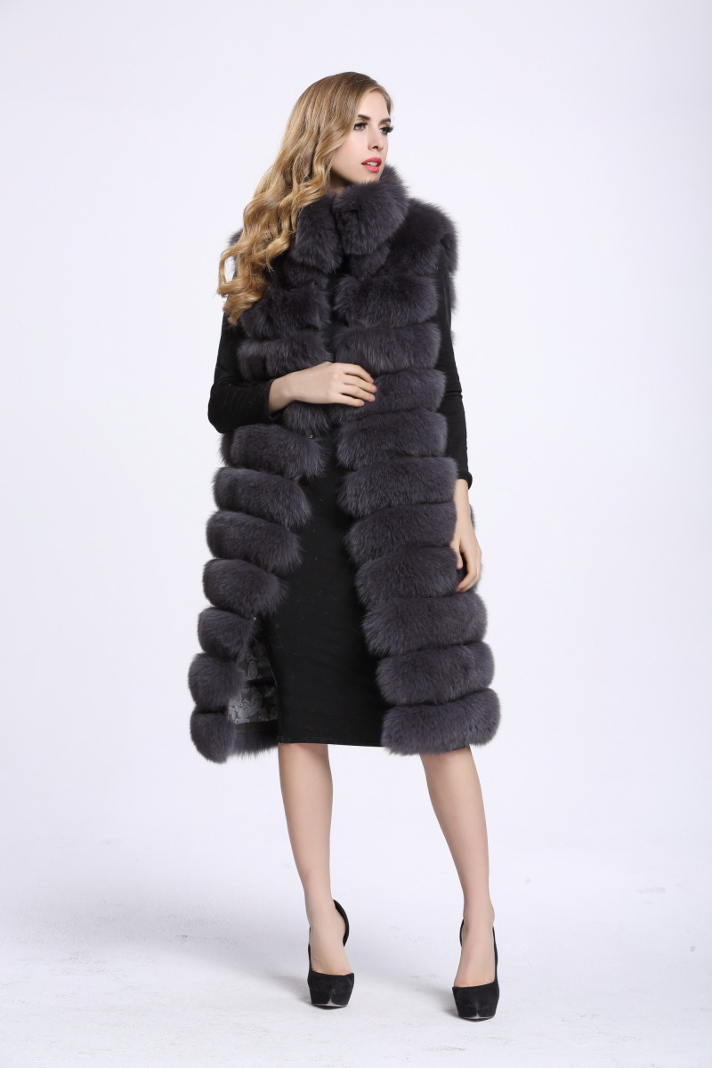 Overcoat Genuine Real Fox Fur Vest Fashion Women Medium-long With Belt Fur Waistcoat - Grey