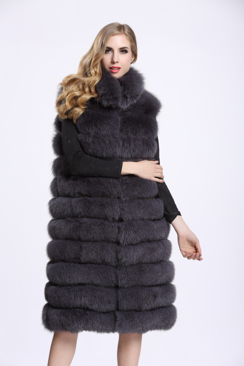Overcoat Genuine Real Fox Fur Vest Fashion Women Medium-long With Belt Fur Waistcoat - Grey