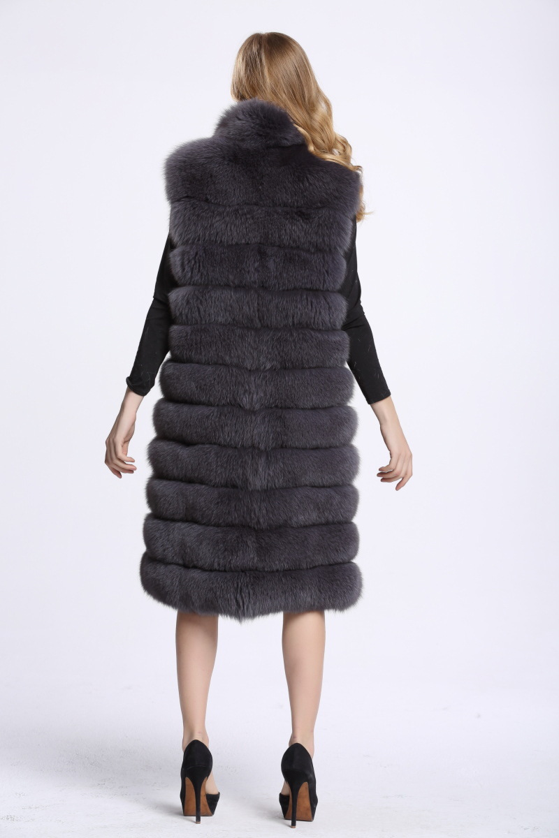 Overcoat Genuine Real Fox Fur Vest Fashion Women Medium-long With Belt Fur Waistcoat - Grey