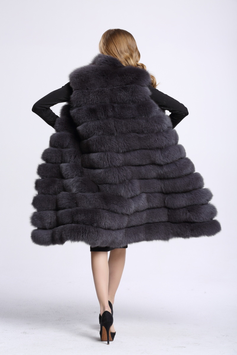 Overcoat Genuine Real Fox Fur Vest Fashion Women Medium-long With Belt Fur Waistcoat - Grey