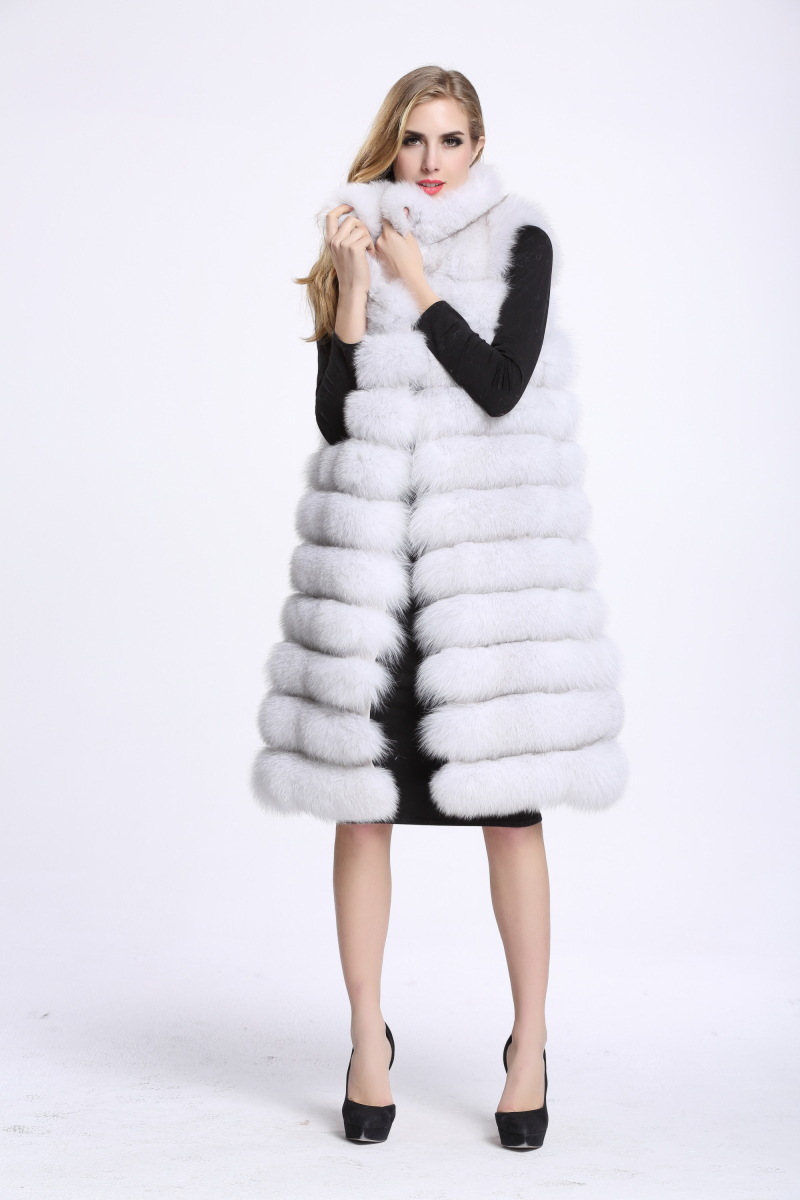 Overcoat Genuine Real Fox Fur Vest Fashion Women Medium-long With Belt Fur Waistcoat - White