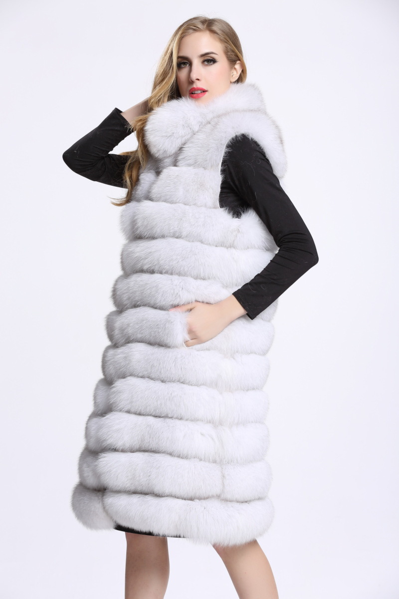 Overcoat Genuine Real Fox Fur Vest Fashion Women Medium-long With Belt Fur Waistcoat - White