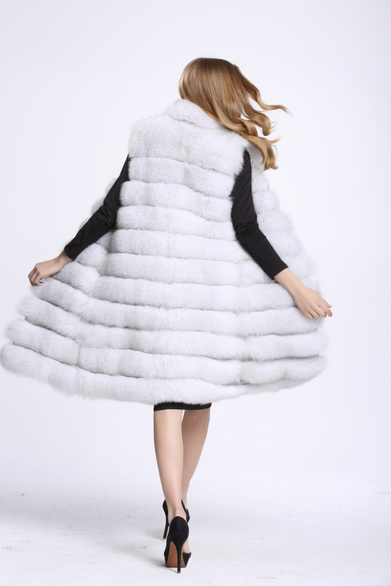Overcoat Genuine Real Fox Fur Vest Fashion Women Medium-long With Belt Fur Waistcoat - White