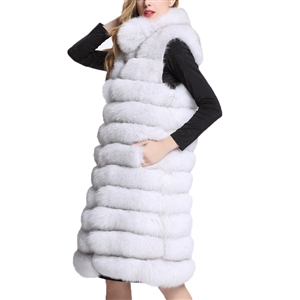 Overcoat Genuine Real Fox Fur Vest Fashion Women Medium-long With Belt Fur Waistcoat - White