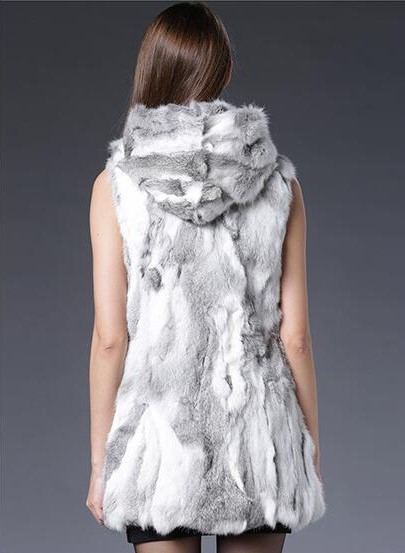 Overcoat Genuine Real Rabbit Fur Vest Fashion Women Medium-long With Belt Fur Waistcoat - Grey