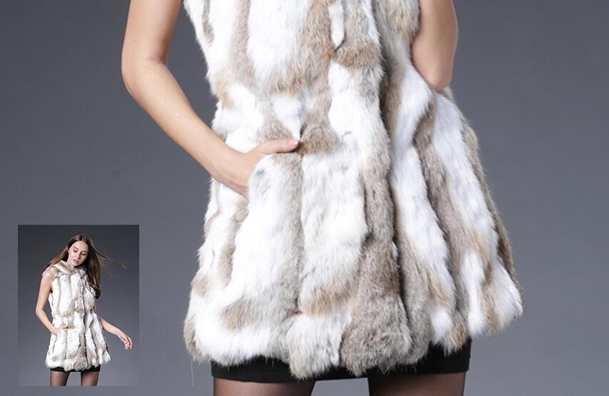 Overcoat Genuine Real Rabbit Fur Vest Fashion Women Medium-long With Belt Fur Waistcoat - Grey