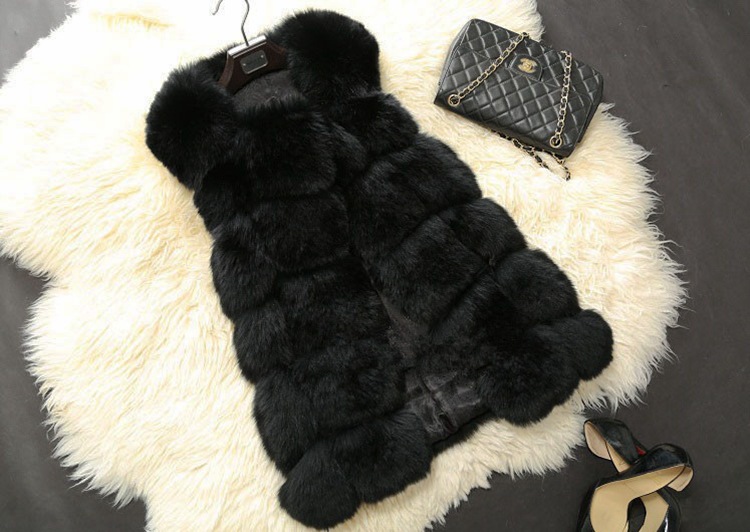 Popular Cute Elegant Faux Fox Fur Vest Fashion Women Overcoat - Black