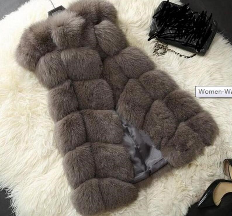 Popular Cute Elegant Faux Fox Fur Vest Fashion Women Overcoat - Coffee