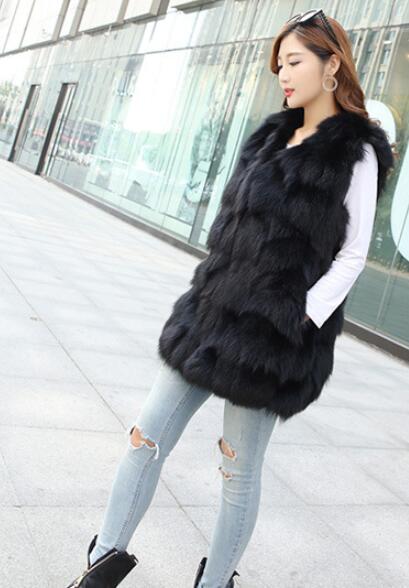 Popular Winter Furry Real Fox Fur Vest Fashion Women Waistcoat - Black