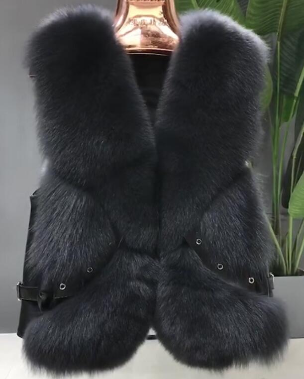 Popular Winter Short Furry Real Fox Fur Vest Fashion Women Waistcoat - Black