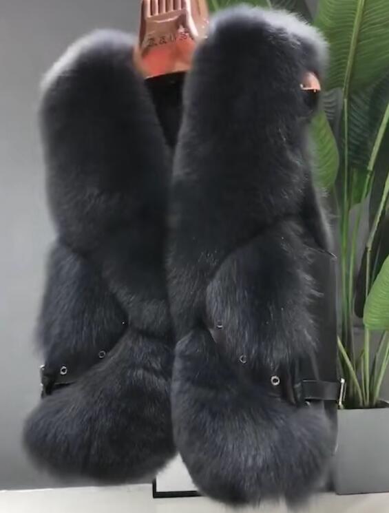 Popular Winter Short Furry Real Fox Fur Vest Fashion Women Waistcoat - Black