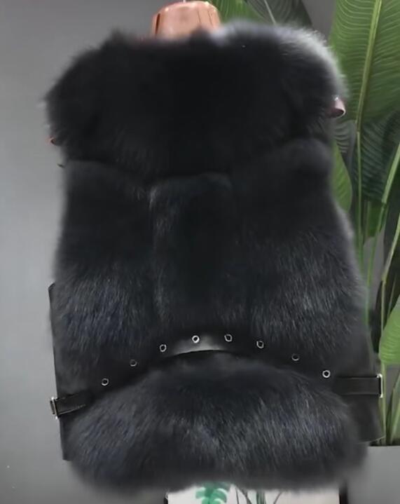 Popular Winter Short Furry Real Fox Fur Vest Fashion Women Waistcoat - Black