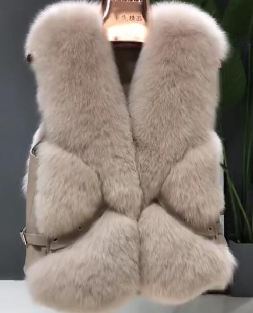 Popular Winter Short Furry Real Fox Fur Vest Fashion Women Waistcoat - Khaki