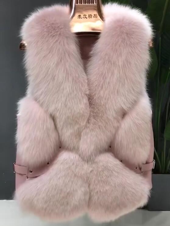 Popular Winter Short Furry Real Fox Fur Vest Fashion Women Waistcoat - Pink