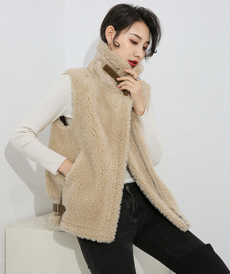 Pretty Winter Elegant Faux Lamb Fur Vest Fashion Women Overcoat - Beige