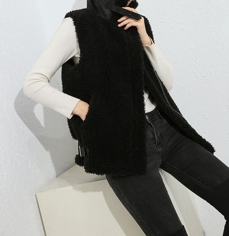 Pretty Winter Elegant Faux Lamb Fur Vest Fashion Women Overcoat - Black