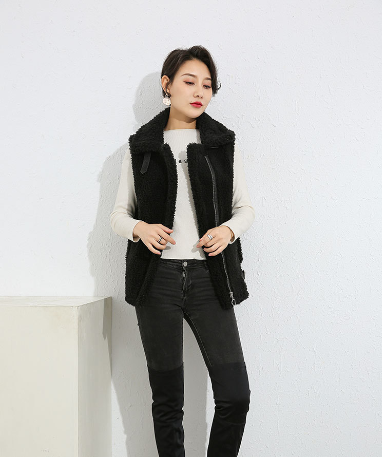 Pretty Winter Elegant Faux Lamb Fur Vest Fashion Women Overcoat - Black