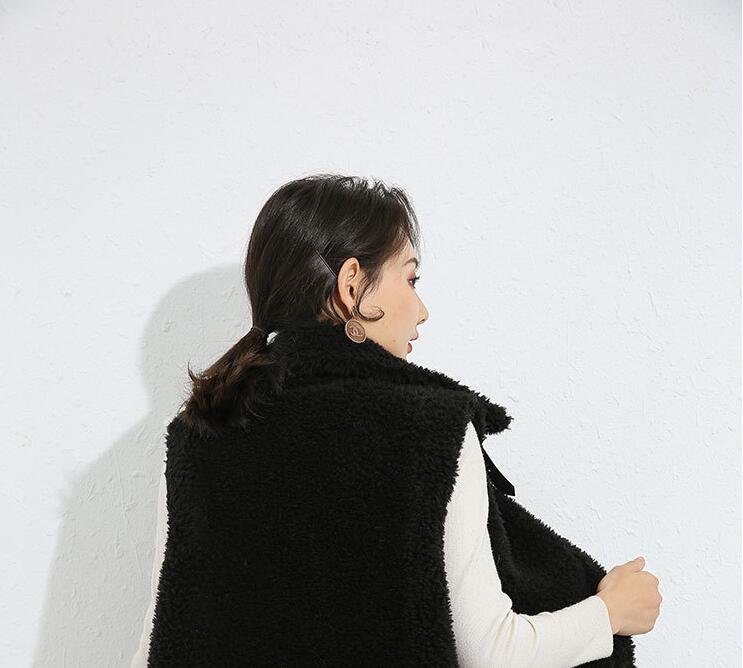 Pretty Winter Elegant Faux Lamb Fur Vest Fashion Women Overcoat - Black