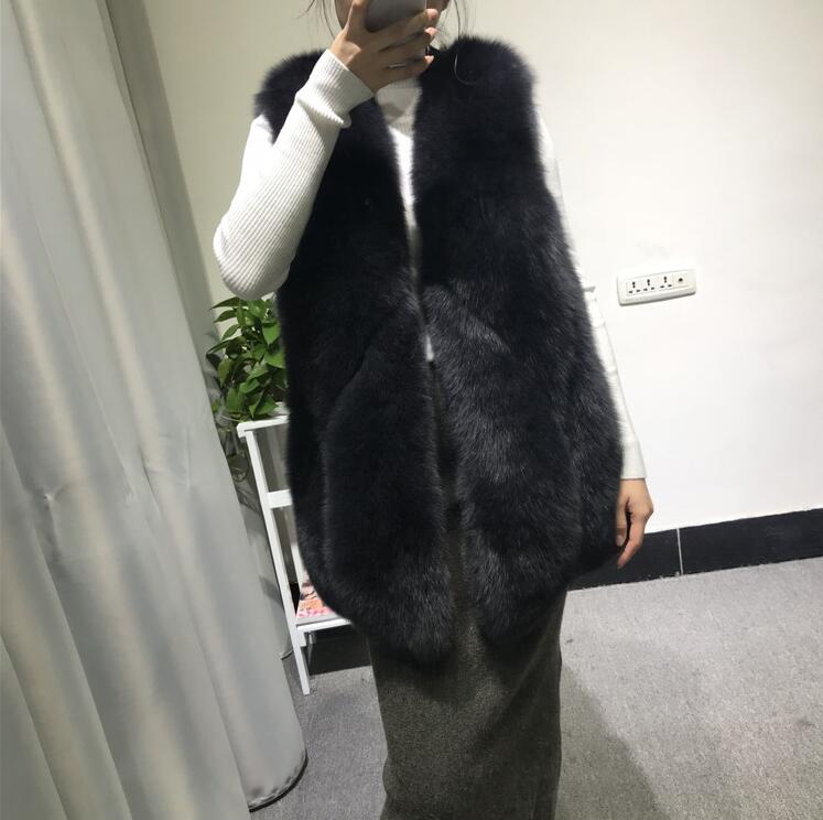 Pretty Winter Elegant Real Fox Fur Vest Fashion Women Overcoat - Black