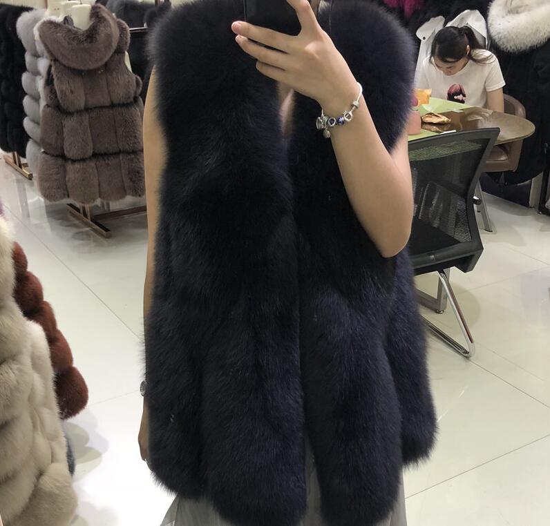 Pretty Winter Elegant Real Fox Fur Vest Fashion Women Overcoat - Black