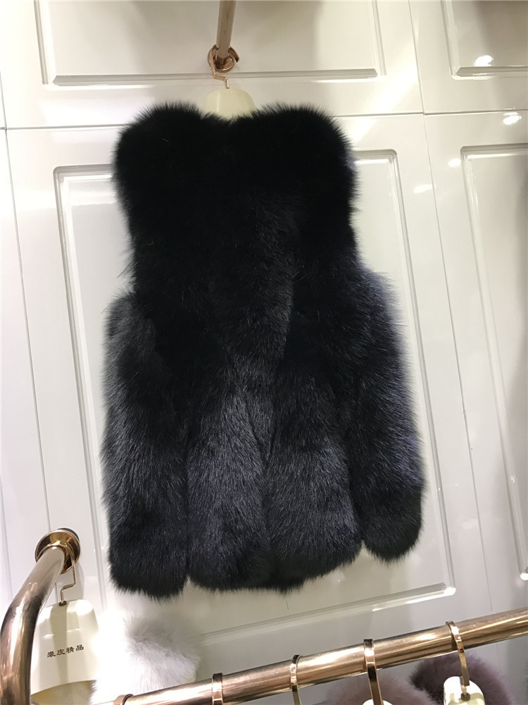 Pretty Winter Elegant Real Fox Fur Vest Fashion Women Overcoat - Black