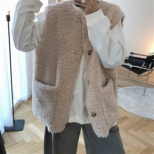 Reversible Winter Elegant Faux Lamb Fur Vest Fashion Women Overcoat - Beige