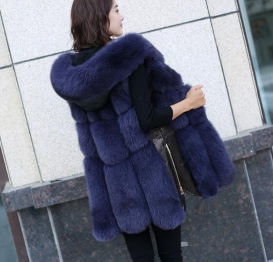 Splicing Long Furry Faux Fox Fur Vest Fashion Women Overcoat - Blue