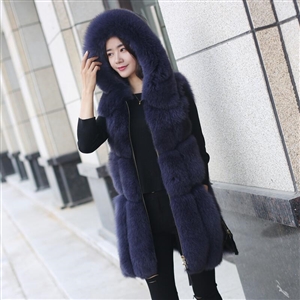 Splicing Long Furry Faux Fox Fur Vest Fashion Women Overcoat - Blue