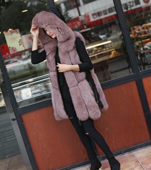 Splicing Long Furry Faux Fox Fur Vest Fashion Women Overcoat - Pink