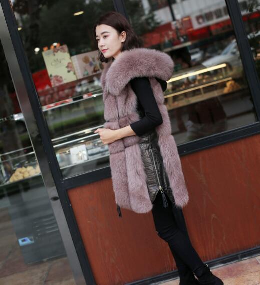 Splicing Long Furry Faux Fox Fur Vest Fashion Women Overcoat - Pink