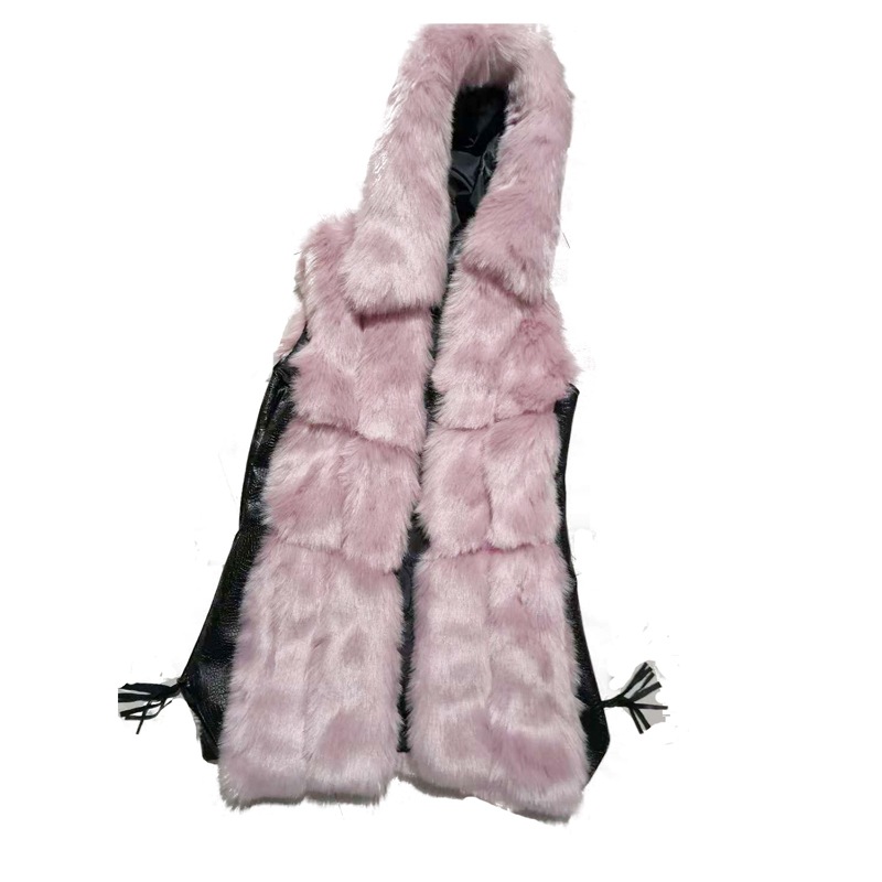 Splicing Long Furry Faux Fox Fur Vest Fashion Women Overcoat - Pink