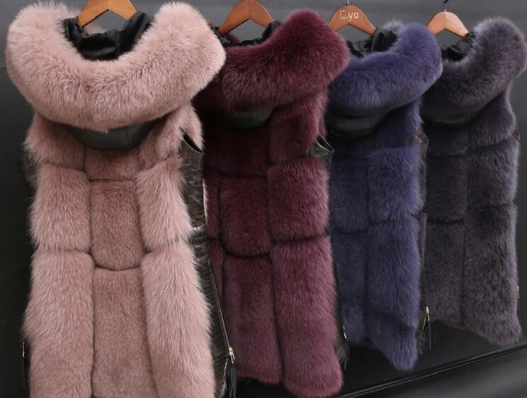 Splicing Long Furry Faux Fox Fur Vest Fashion Women Overcoat - Red