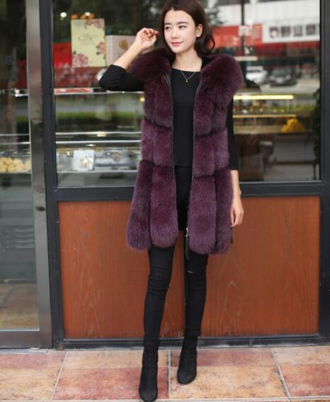 Splicing Long Furry Faux Fox Fur Vest Fashion Women Overcoat - Red