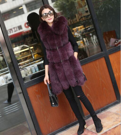 Splicing Long Furry Faux Fox Fur Vest Fashion Women Overcoat - Red