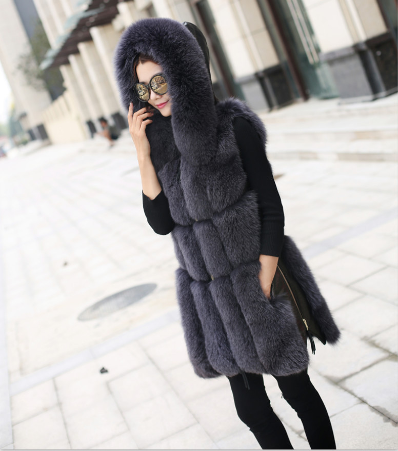 Splicing Long Furry Faux Fox Fur Vest Fashion Women Overcoat - Silvery