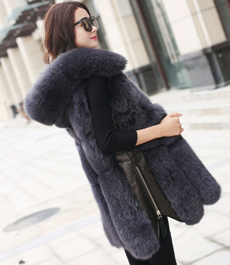 Splicing Long Furry Faux Fox Fur Vest Fashion Women Overcoat - Silvery