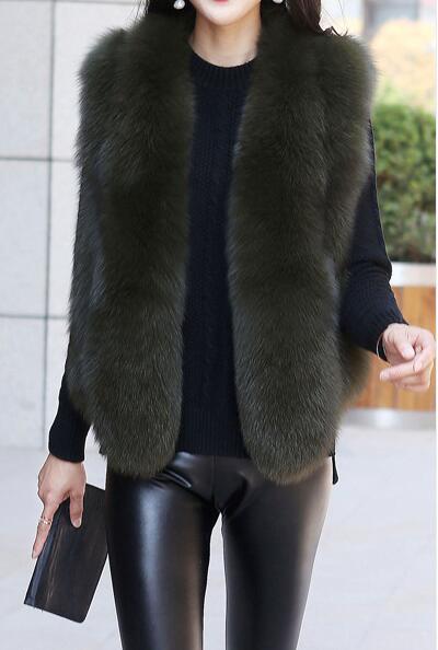 Thick Furry Faux Fox Fur Vest Fashion Women Overcoat - Green