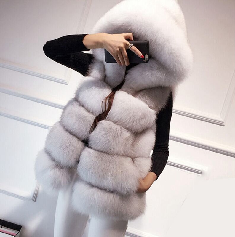 Unique Cute Elegant Faux Fox Fur Vest Fashion Women Overcoat - Grey 01